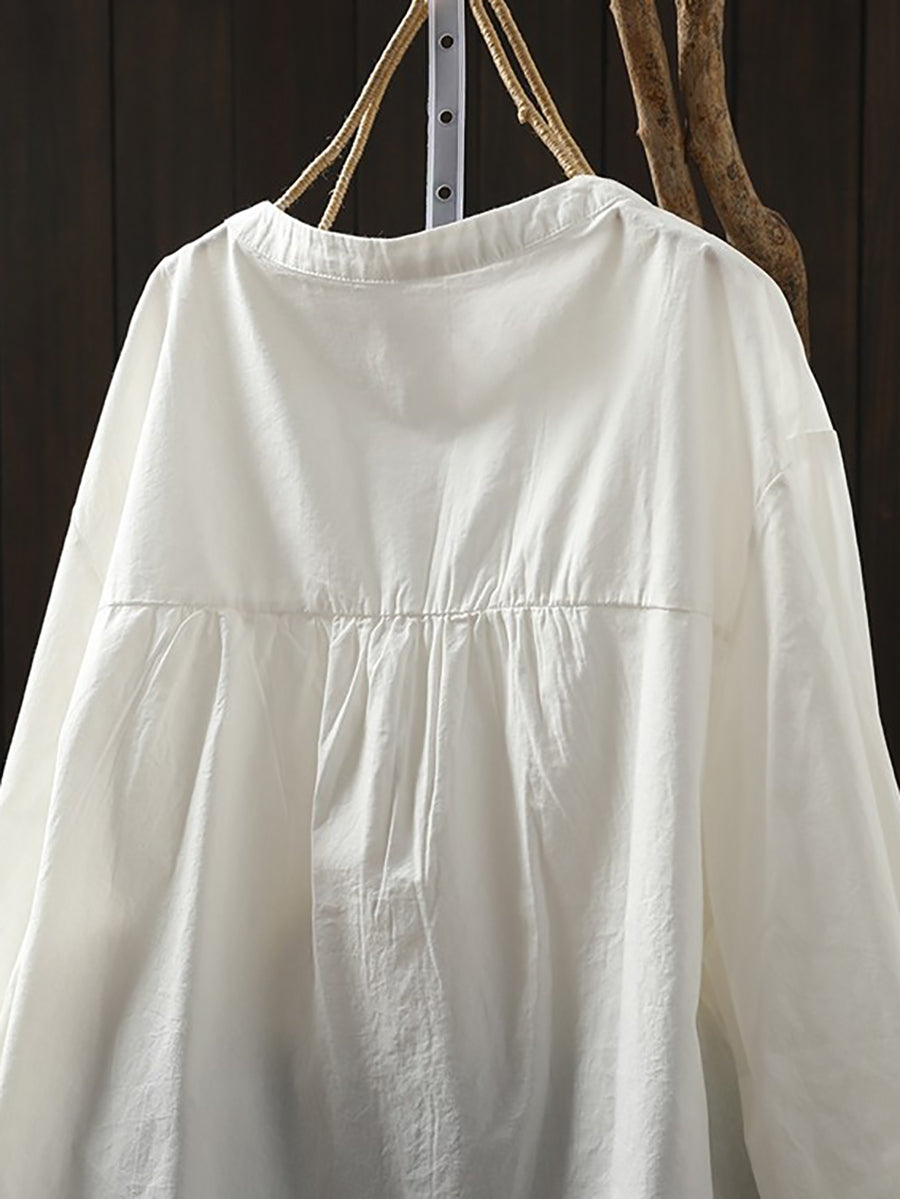 Plus Size Women Artsy Spring Shirred Stand Collar 100%Cotton Shirt