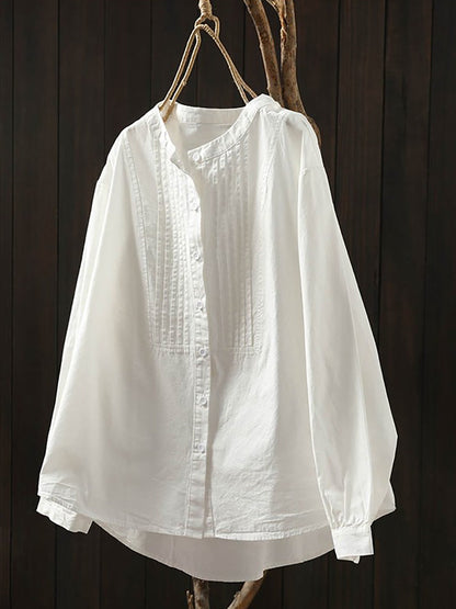 Plus Size Women Artsy Spring Shirred Stand Collar 100%Cotton Shirt