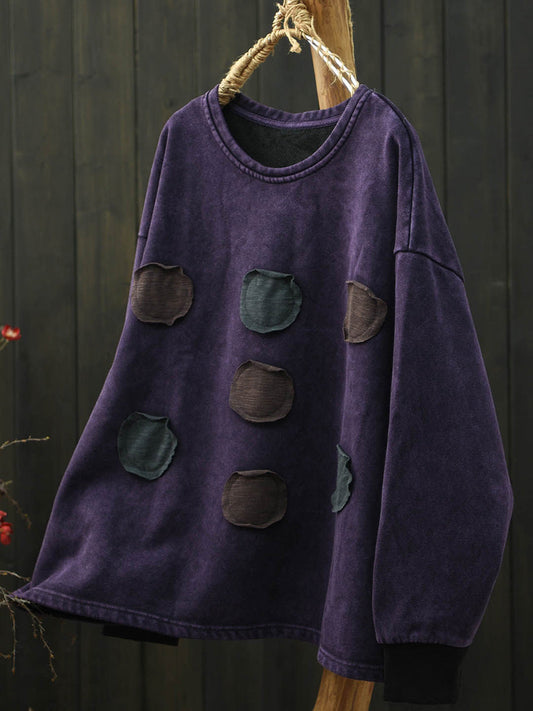 Women Retro Autumn Patchwork Fleece-lined O-Neck Blouse