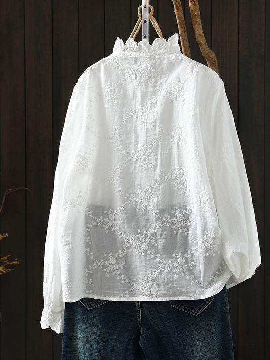 Plus Size Women Artsy Spring Embroidery 100%Cotton Shirt
