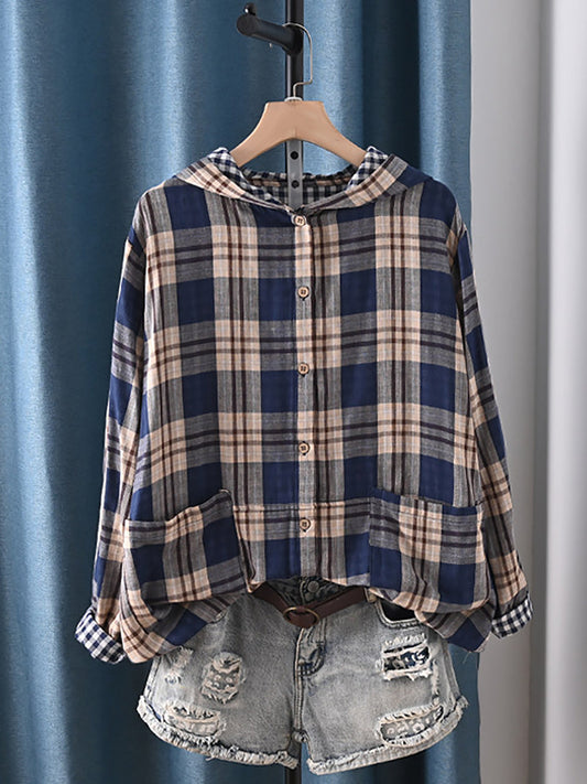 Plus Size Women Casual Spring Plaid 100%Cotton Hooded Shirt