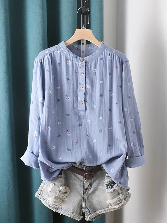 Plus Size Women Artsy Spring Flower Stand Collar Blouse
