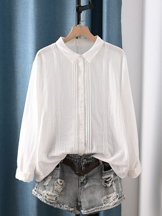Plus Size Women Artsy Spring Shirred Turn-down Collar 100%Cotton Shirt