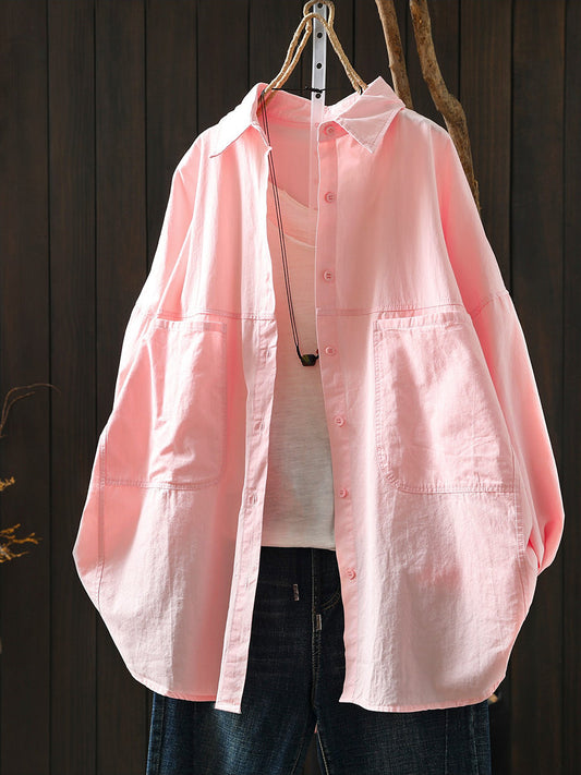 Plus Size Women Spring Casual Pure Color Turn-down Collar Shirt