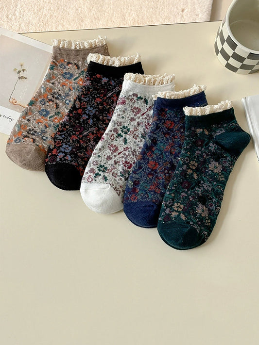 5 Pairs Women Artsy Floral Lace Spliced Socks