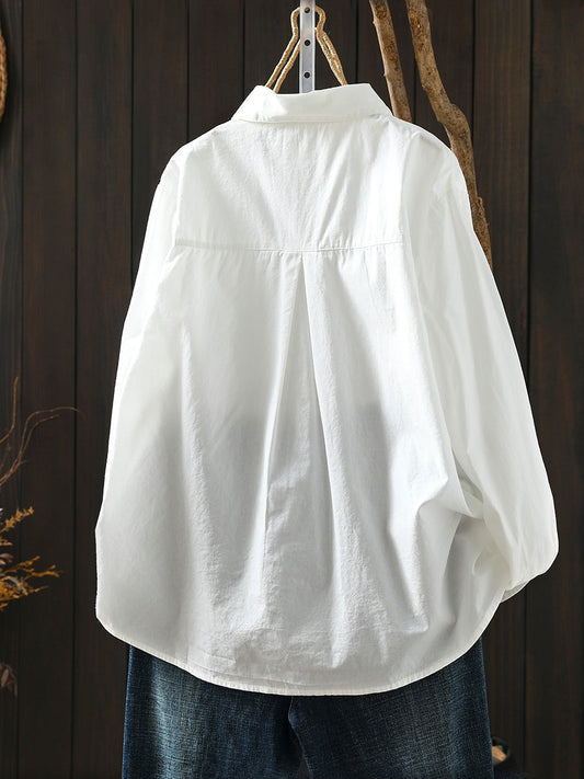 Plus Size Women Spring Pure Color Turn-down Collar 100%Cotton Shirt