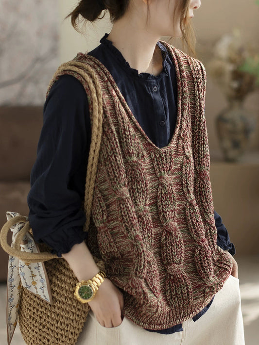 Women Spring Artsy V-Neck Cable Knitted Vest