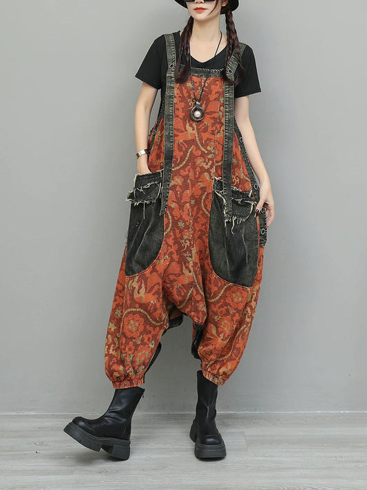 Women Vintage Flower Spliced Denim Jumpsuits