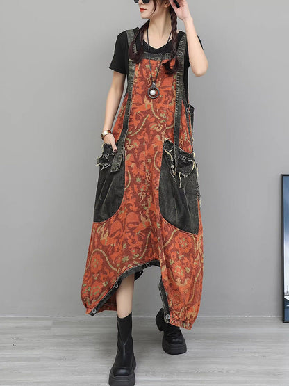 Women Vintage Flower Spliced Denim Jumpsuits