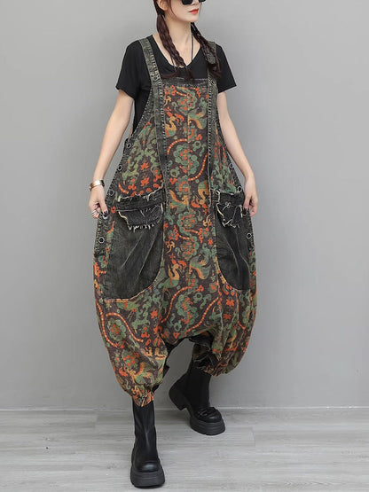 Women Vintage Flower Spliced Denim Jumpsuits