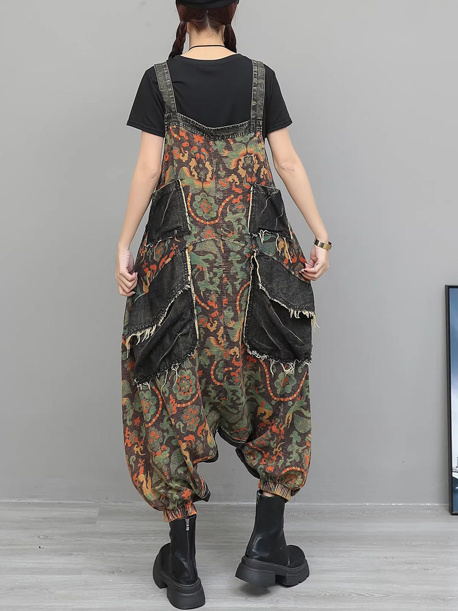Women Vintage Flower Spliced Denim Jumpsuits