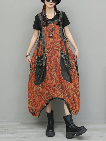 Women Vintage Flower Spliced Denim Jumpsuits