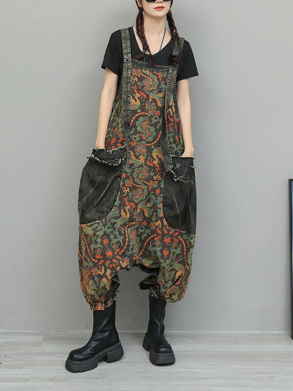 Women Vintage Flower Spliced Denim Jumpsuits