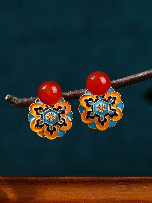Vintage Jade Enamel Lotus Totem Alloy Earrings