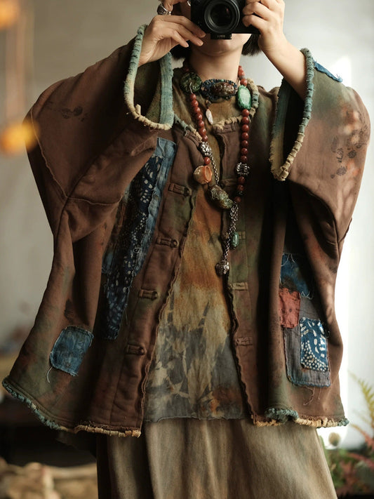 Women Spring Vintage Patchwork O-Neck Shirt Coat