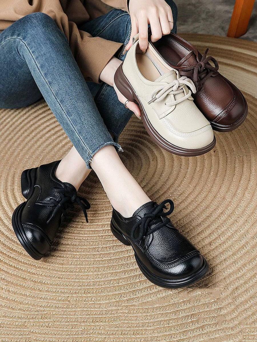 Women Spring Retro Genuine Leather Low Heel Shoes