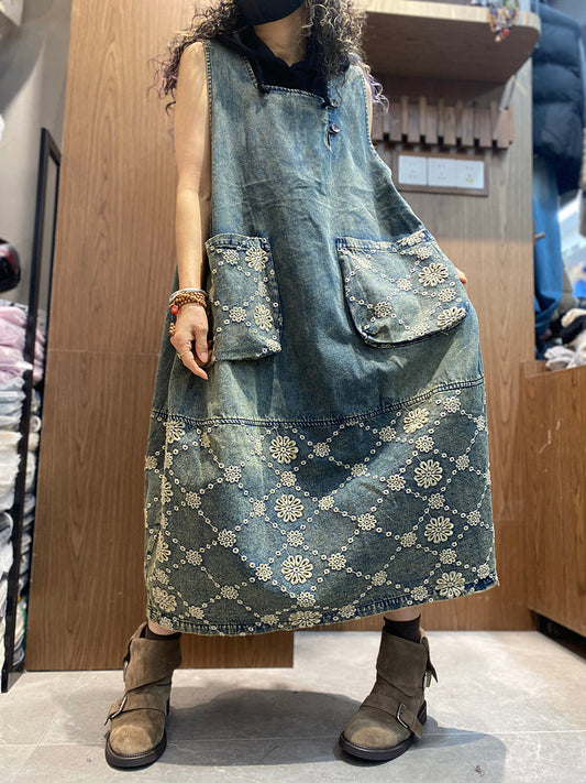 Women Spring Retro Embroidery Denim Dress