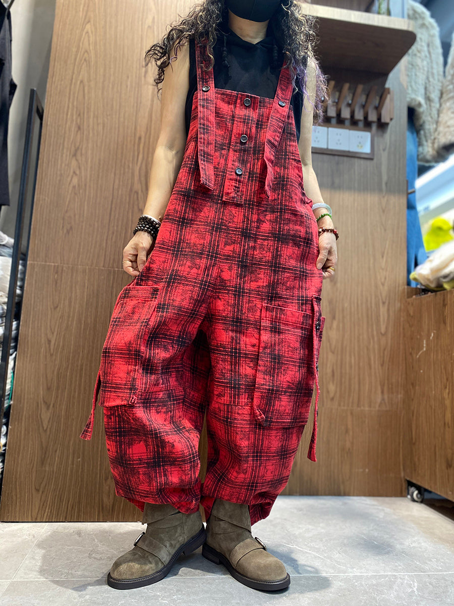 Women Spring Vintage Plaid Loose Jumpsuits