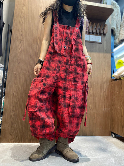 Women Spring Vintage Plaid Loose Jumpsuits