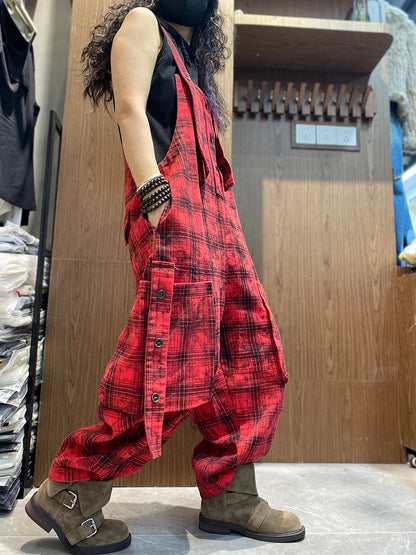 Women Spring Vintage Plaid Loose Jumpsuits