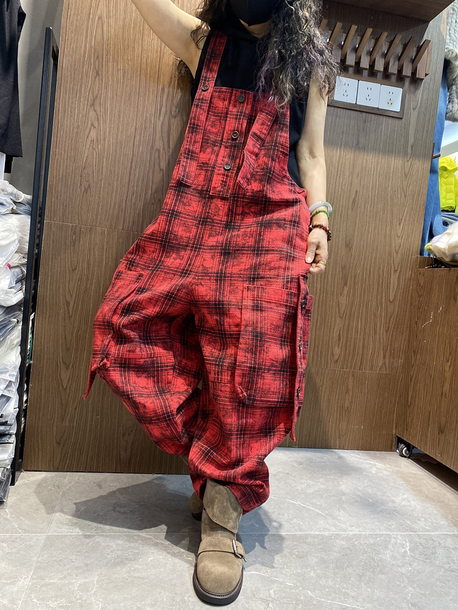 Women Spring Vintage Plaid Loose Jumpsuits