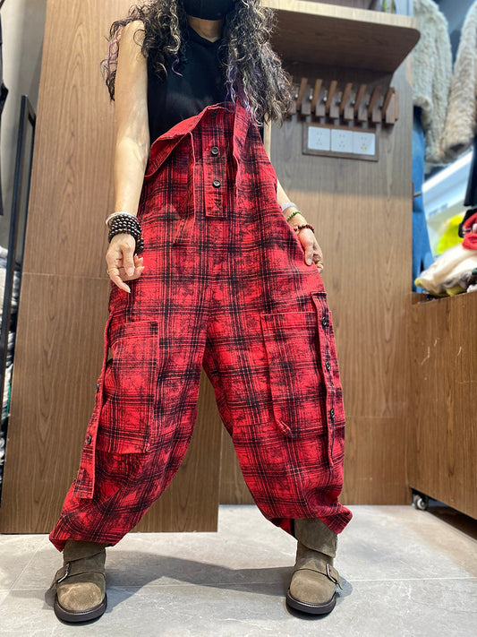Women Spring Vintage Plaid Loose Jumpsuits