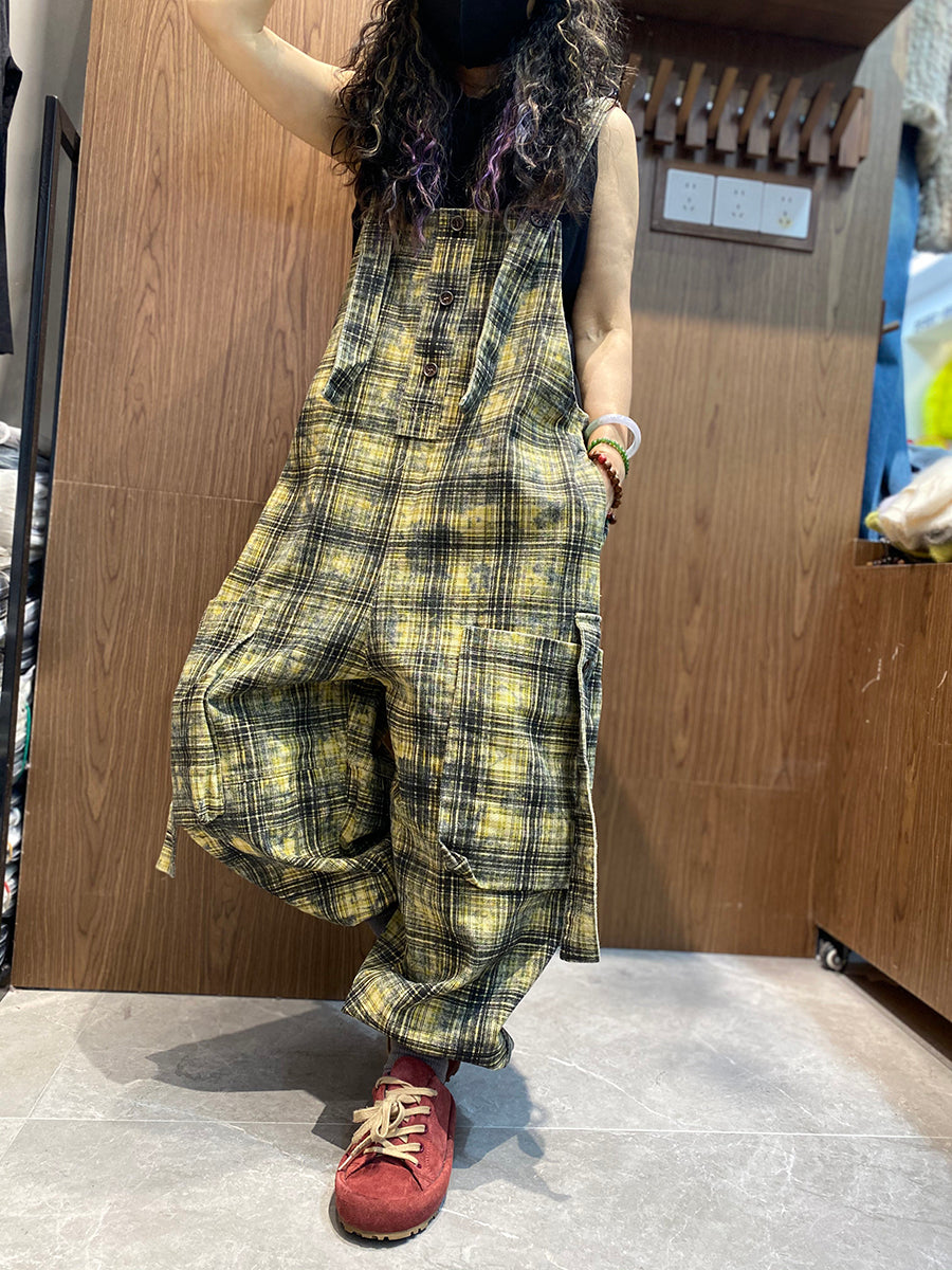 Women Spring Vintage Plaid Loose Jumpsuits