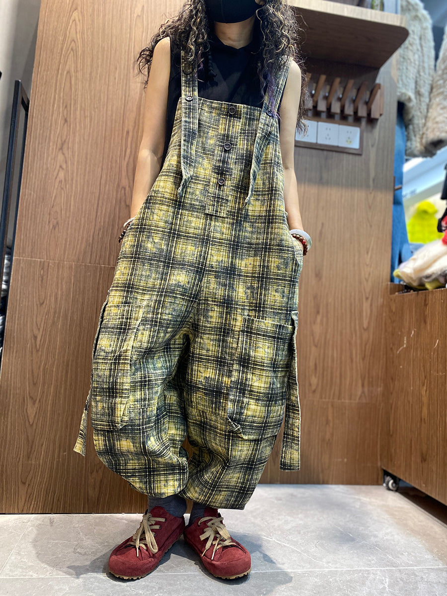 Women Spring Vintage Plaid Loose Jumpsuits