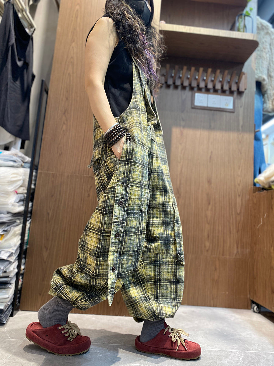 Women Spring Vintage Plaid Loose Jumpsuits