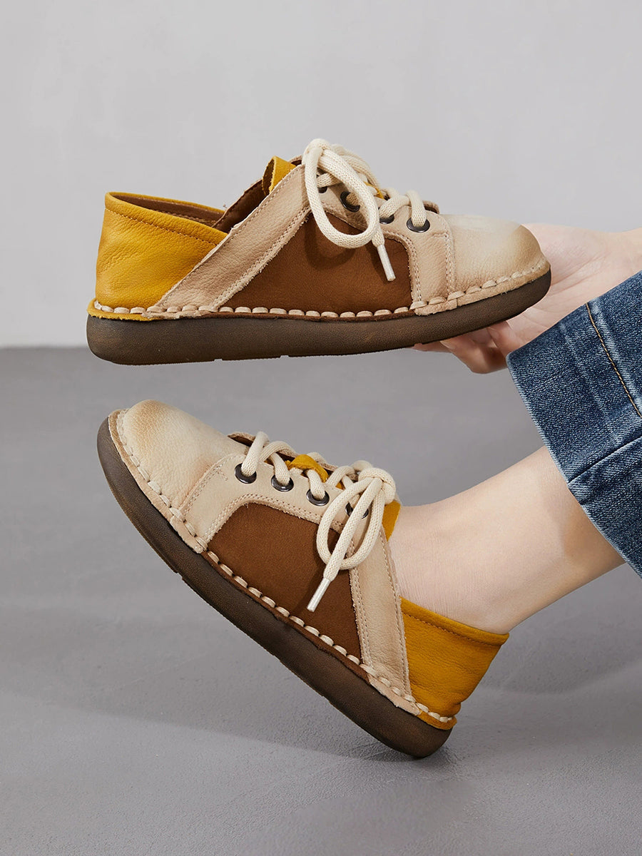 Women Spring Vintage Genuine Leather Spliced Flat Shoes