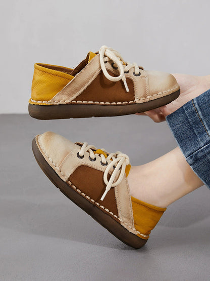 Women Spring Vintage Genuine Leather Spliced Flat Shoes
