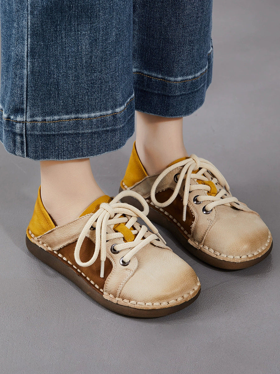Women Spring Vintage Genuine Leather Spliced Flat Shoes