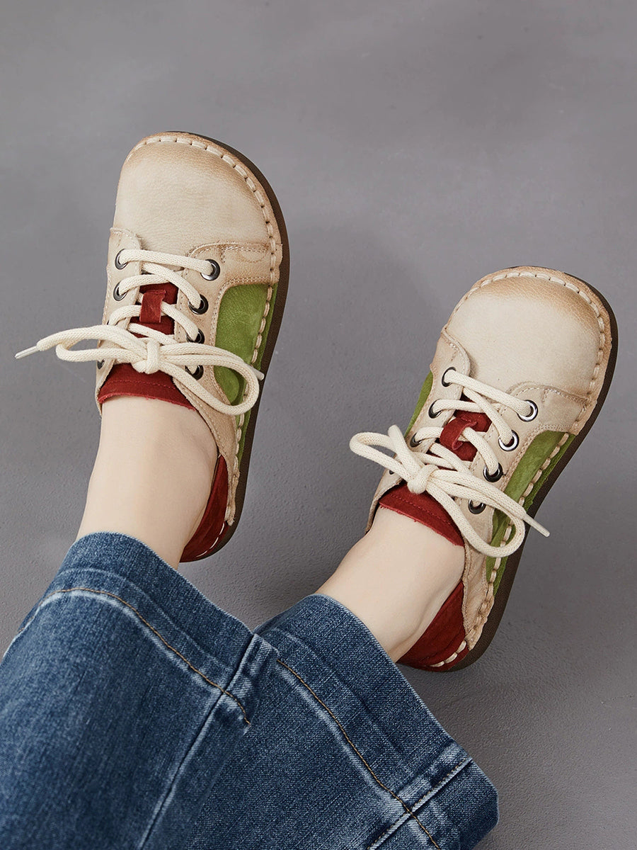 Women Spring Vintage Genuine Leather Spliced Flat Shoes