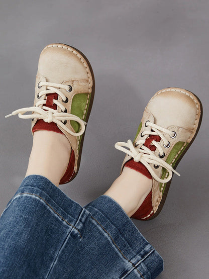 Women Spring Vintage Genuine Leather Spliced Flat Shoes