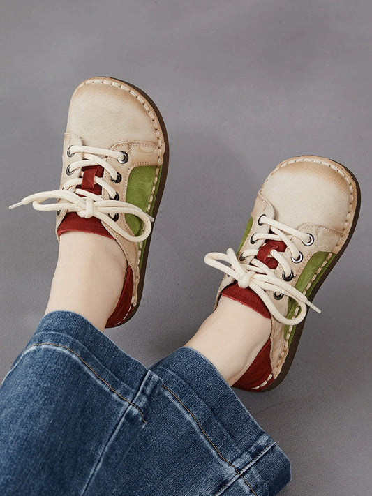 Women Spring Vintage Genuine Leather Spliced Flat Shoes