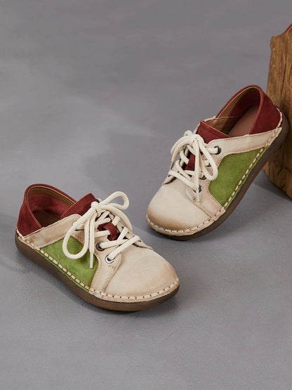 Women Spring Vintage Genuine Leather Spliced Flat Shoes