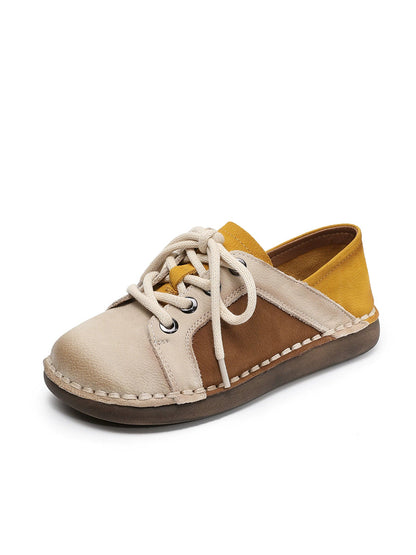 Women Spring Vintage Genuine Leather Spliced Flat Shoes