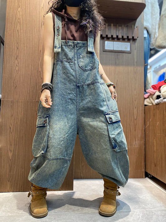 Women Spring Vintage Pure Color Denim Jumpsuits