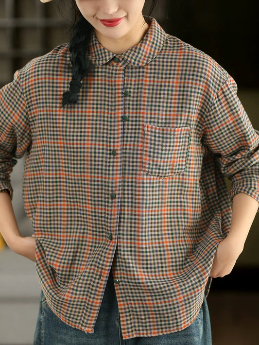 Women Spring Artsy Plaid Stand Collar 100%Cotton Shirt