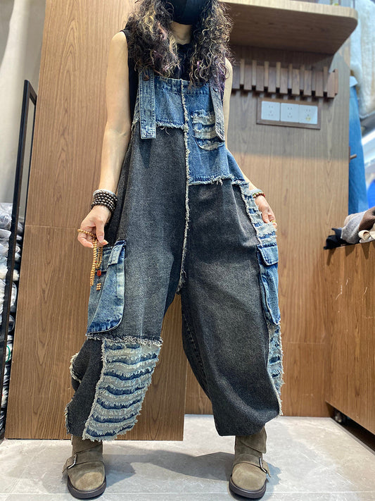Women Spring Retro Patchwork Denim Jumpsuits