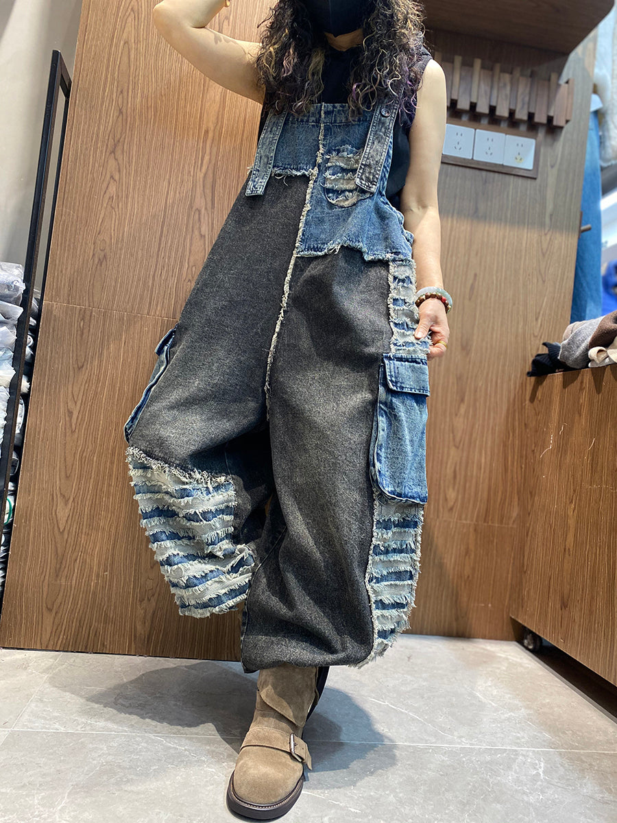 Women Spring Retro Patchwork Denim Jumpsuits
