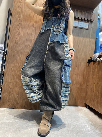 Women Spring Retro Patchwork Denim Jumpsuits