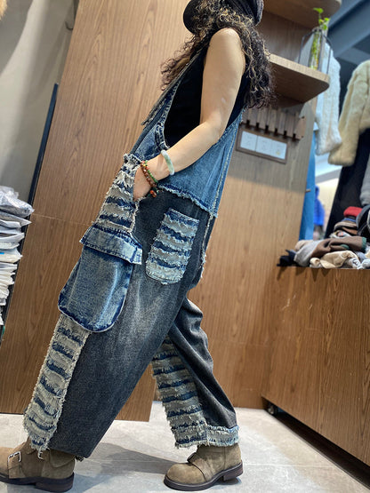 Women Spring Retro Patchwork Denim Jumpsuits