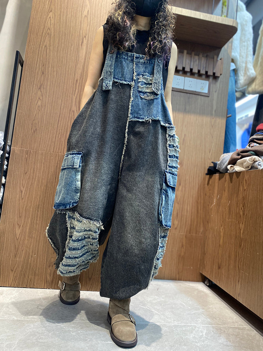 Women Spring Retro Patchwork Denim Jumpsuits