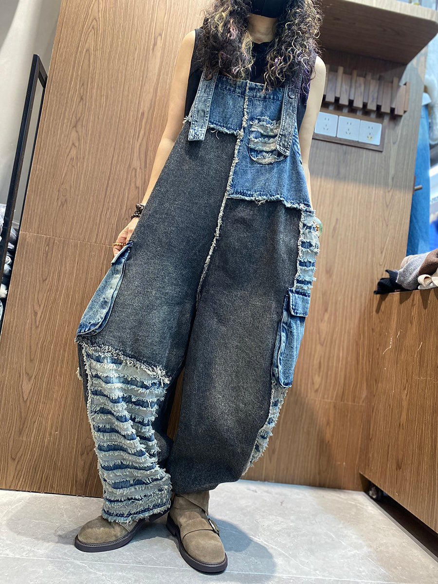 Women Spring Retro Patchwork Denim Jumpsuits