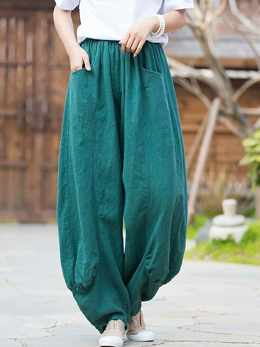 Women Winter Retro Pure Color Ramie Bloomers