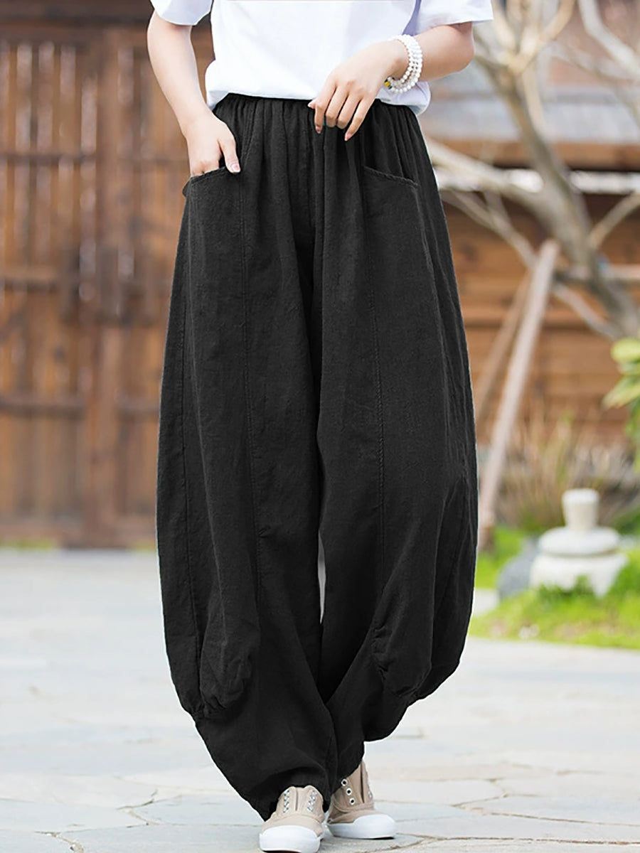Women Winter Retro Pure Color Ramie Bloomers
