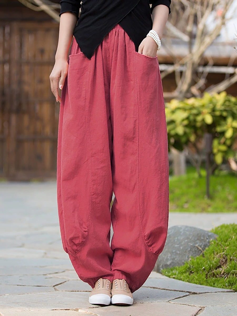 Women Winter Retro Pure Color Ramie Bloomers