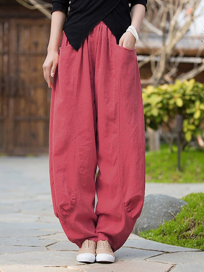 Women Winter Retro Pure Color Ramie Bloomers