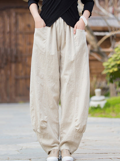 Women Winter Retro Pure Color Ramie Bloomers